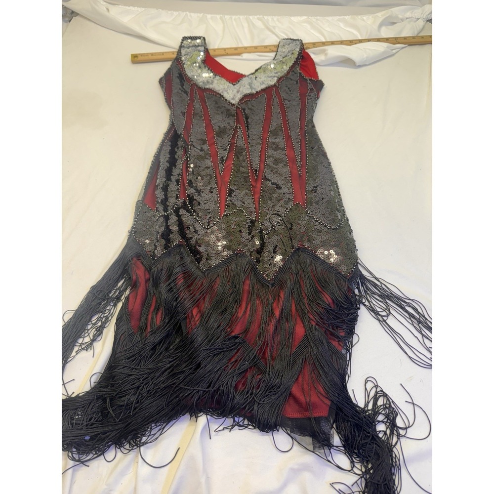 J Flapper Gatsby Dress Size S Black Red Beaded Fringed 1920's FUN DAISY Prom Fo - Picture 7 of 7